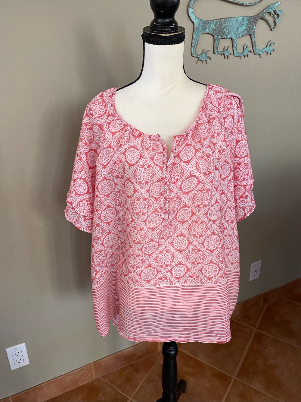 Catherines Pink and White Printed Peasant Top